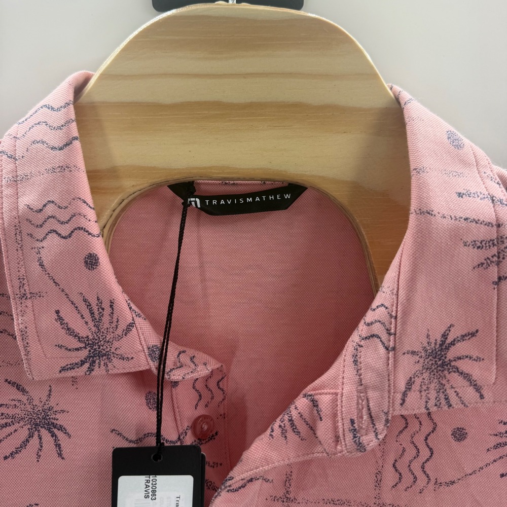 TravisMathew Mens XL Pink Tropical Palm Tree Print Short Sleeve Golf Polo Shirt - Picture 7 of 10